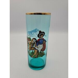 Vintage Welsh Souvenir Drinking Glass Teal Blue with Gold Trim
